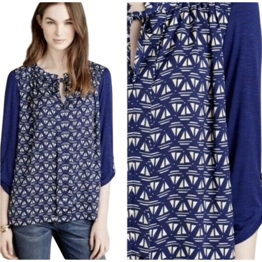 Meadow Rue Anthropologie Top Size M Sailboat Nautical Fisherman Navy Old Money